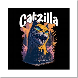 Catzilla Unleashed Funny Cartoon-Style Feline Posters and Art